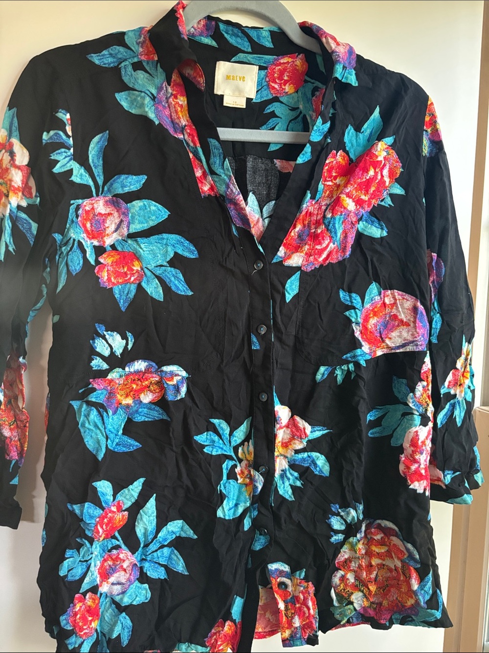 Maeve Black Button-Front Shirt with Turquoise Leaves & Pink-Red Roses Size 12